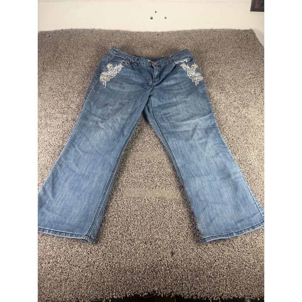 Christopher & Banks Petite Denim Jeans Women's Blue Floral Embroidered  14P
